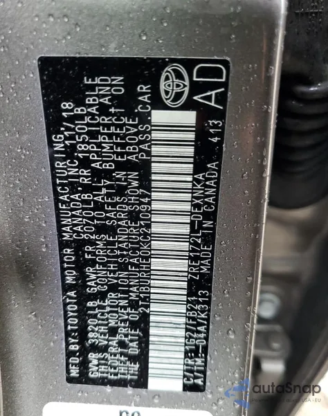 2019 Toyota Corolla L z USA, uszkodzony, nr VIN 2T1BURHE0KC210947